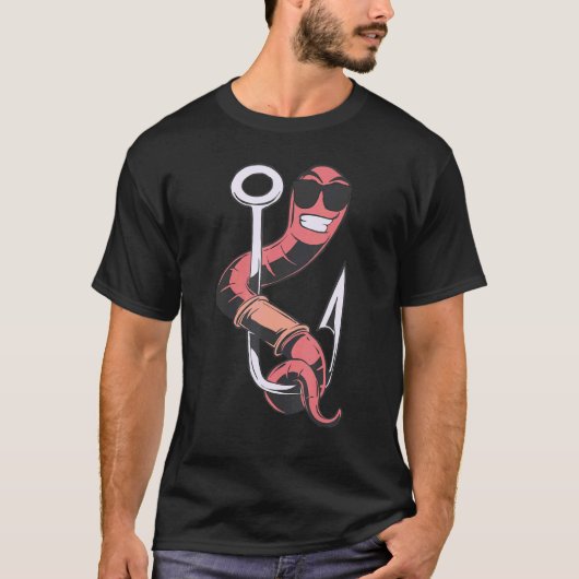 サングラスをかけた釣り針のワーム 釣り竿用 Tシャツ (正面)