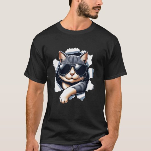 サングラスをかけた面白い猫 Tシャツ (正面)