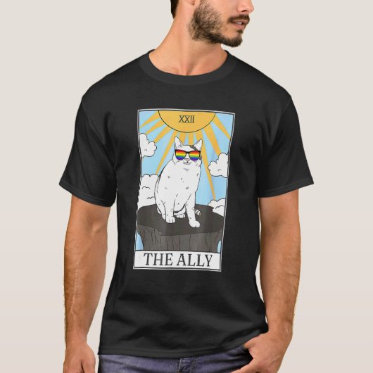 サングラスをかけたAlly猫のタロットカード Tシャツ (正面)
