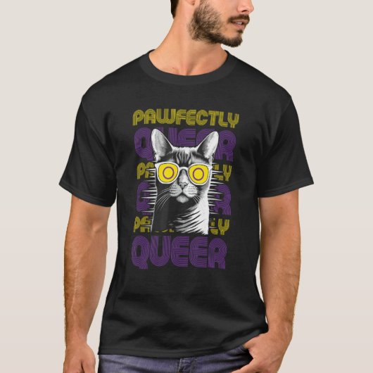 サングラスをかけたPawfectly Queer猫 インターネクサス・プライド Tシャツ (正面)