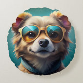 サングラスをかけている可愛い犬 ラウンドクッション (正面)