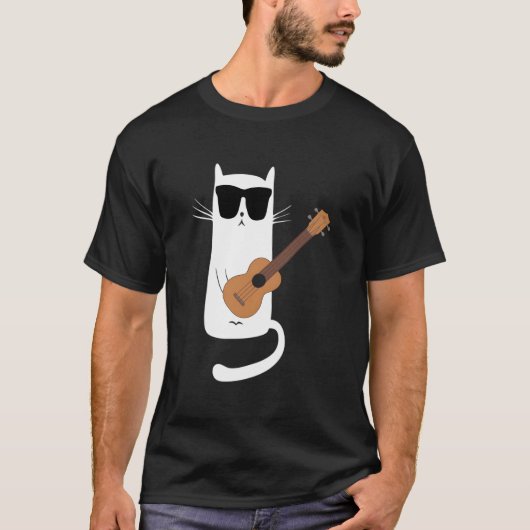 サングラスをかけウクレレを演奏する猫 Tシャツ (正面)