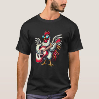 サングラスをかけギターを弾くニワトリ ミュージシャン Tシャツ