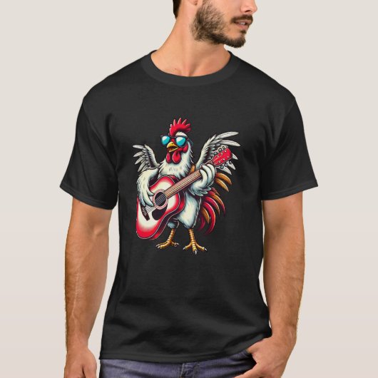 サングラスをかけギターを弾くニワトリ ミュージシャン Tシャツ (正面)