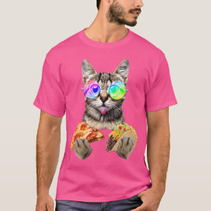 サングラスをかけピザとタコスを食べる面白い猫 Tシャツ