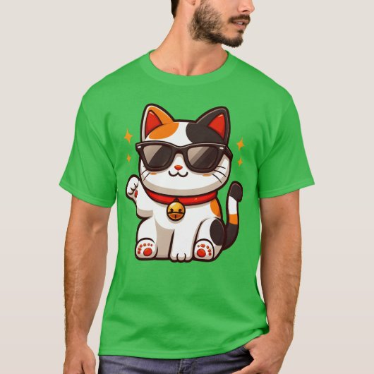 サングラスをかけ手を振る自信に満ちた猫 Tシャツ (正面)