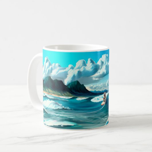 サングラスをかぶったサーフボード上の犬AIアート コーヒーマグカップ (正面左)