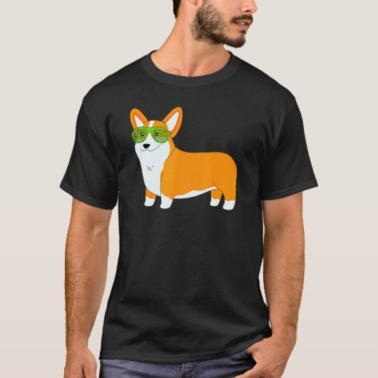 サングラスをかわいいドッグデザインのコーギ Tシャツ (正面)