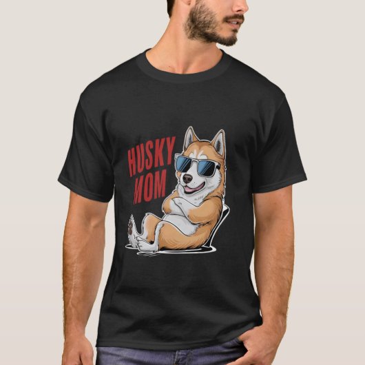 サングラスをしたかっこいいハスキー犬の母 L Tシャツ (正面)