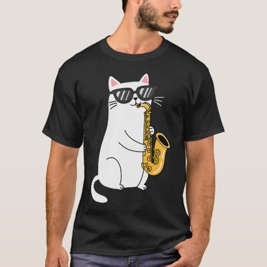 サングラスをした猫がサックスを演奏 Tシャツ (正面)