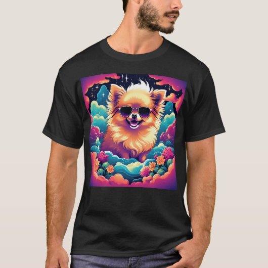 サングラスを持つ夢見心地のポメラニア犬犬 Tシャツ (正面)