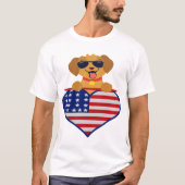 サングラスを着た子犬USA国旗のユニセックスハート Tシャツ (正面)
