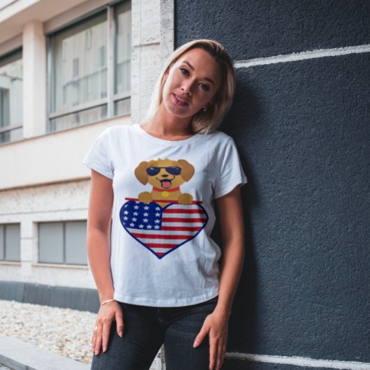サングラスを着た子犬USA国旗のユニセックスハート Tシャツ