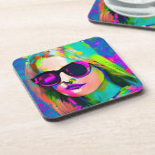 サングラスカラフルアートの明るい女性 コースター (左側)