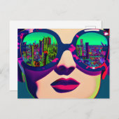 サングラスカラフルシティ・リフレクションのアートウーマン ポストカード (正面/裏面)