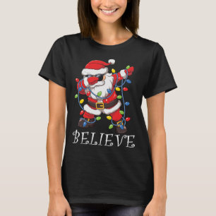 サングラスクリスマスツリーに信じサンタをダビング Tシャツ