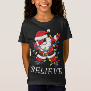 サングラスクリスマスツリーに信じサンタをダビング Tシャツ