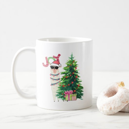 サングラスクールとサンタハットを持つクリスマスラマ コーヒーマグカップ (ドーナツ)