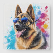 サングラスクールスプラッシュアートを着たドイツの羊飼い スクエア壁時計 (正面)