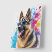 サングラスクールスプラッシュアートを着たドイツの羊飼い スクエア壁時計 (傾斜)