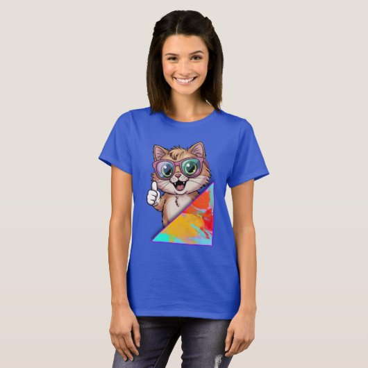 サングラスクール付き猫 – レトロおもしろいVibes Tシャツ (正面フル)