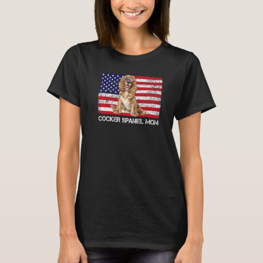 サングラスコッカースパニエル犬ママ国旗アメリカ合衆国ド Tシャツ (正面)