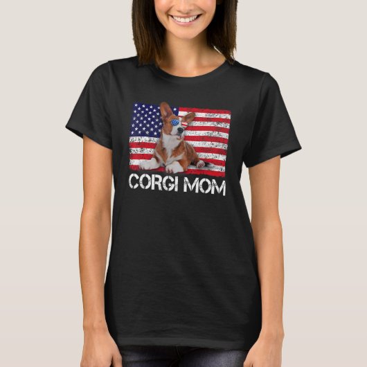 サングラスコルギママ国旗アメリカ犬 Tシャツ (正面)