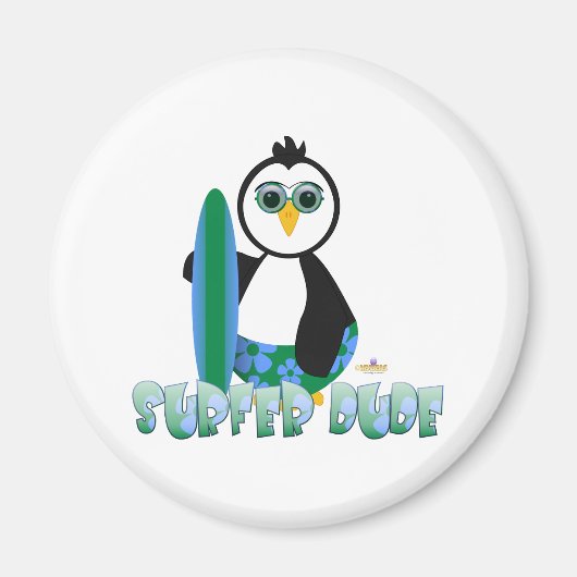 サングラスサーファー付きペンギン持ちサーフボード マグネット (正面)