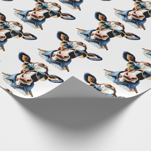 サングラススタイリッシュとペイズリースカーフの牛 ラッピングペーパー (角)