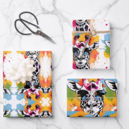 サングラススプラッシュ付き可愛いカラフルジラファ ラッピングペーパーシート