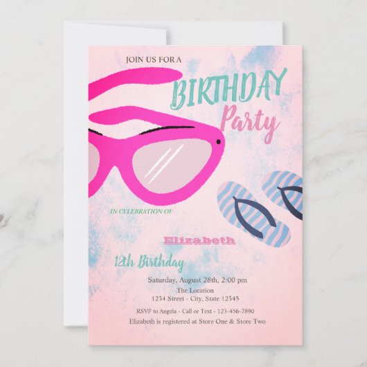 サングラスビーチサンダルサマーバースデーパーティー 招待状 (正面)
