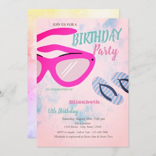 サングラスビーチサンダルサマーバースデーパーティー 招待状 (正面/裏面)