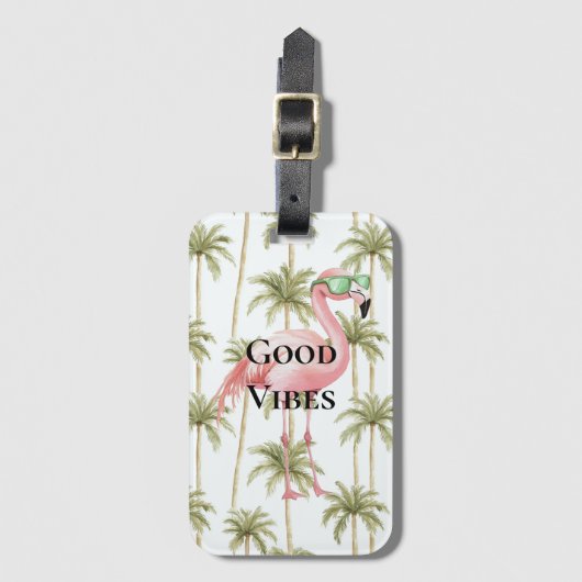 サングラスヤシの木が咲くピンクフラミンゴ ラゲッジタグ (正面縦)