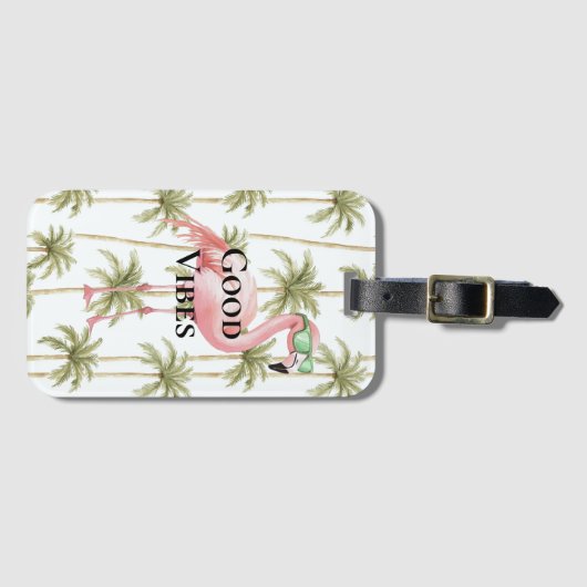 サングラスヤシの木が咲くピンクフラミンゴ ラゲッジタグ (正面横)