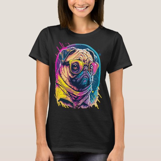 サングラス付きのパグモップスキャリン犬 Tシャツ (正面)