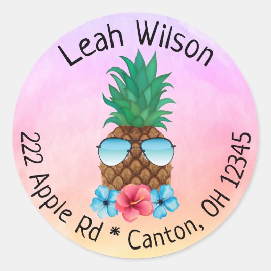 サングラス付きパイナップル差出人住所ラベル ラウンドシール (正面)