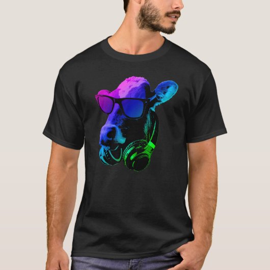 サングラス及びヘッドホン付き牛 Tシャツ (正面)