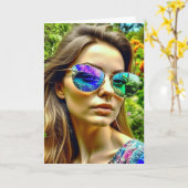 サングラス反射する花を持つ美しい少女 カード (黄色い花)