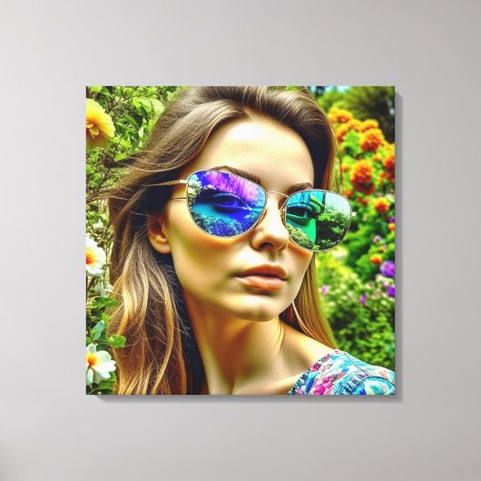 サングラス反射する花を持つ美しい少女 キャンバスプリント (正面)