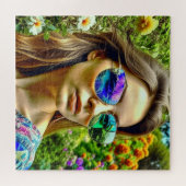 サングラス反射する花を持つ美しい少女 ジグソーパズル (横)