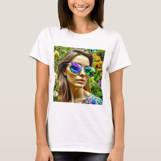 サングラス反射する花を持つ美しい少女 Tシャツ (正面)