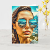 サングラス山の反射の美しい女性 カード (黄色い花)