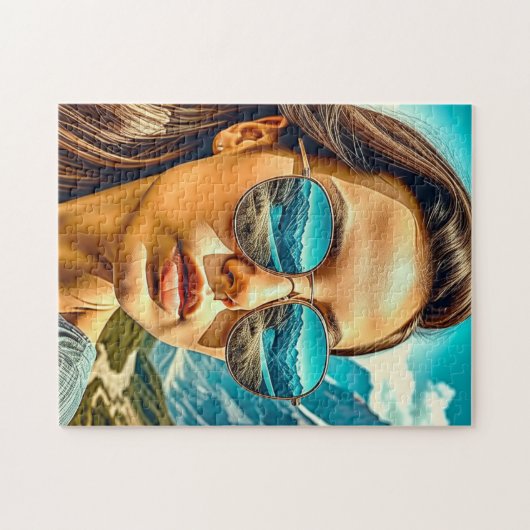 サングラス山の反射の美しい女性 ジグソーパズル (横)