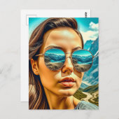 サングラス山の反射の美しい女性 ポストカード (正面/裏面)