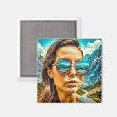 サングラス山の反射の美しい女性 マグネット (正面/裏面)