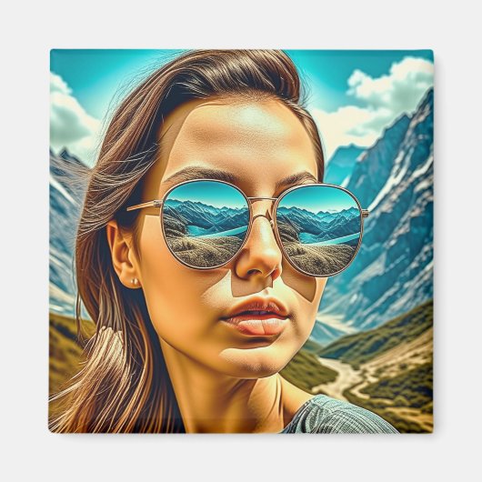サングラス山の反射の美しい女性 マグネット (正面)