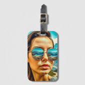 サングラス山の反射の美しい女性 ラゲッジタグ (正面縦)