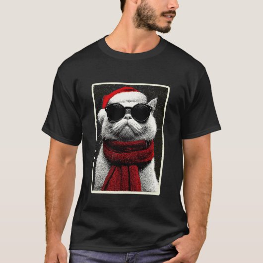 サングラス被ったペルシャ猫のサンタ帽子 クリスマス Tシャツ (正面)