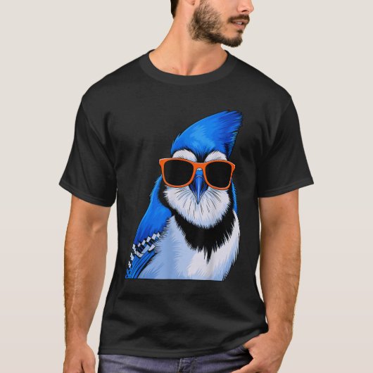 サングラス・バードウォッチング付き青いジェイ鳥 Tシャツ (正面)