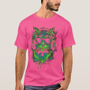 サングラス+ヘッドホンでDJする緑の猫ちゃん Tシャツ